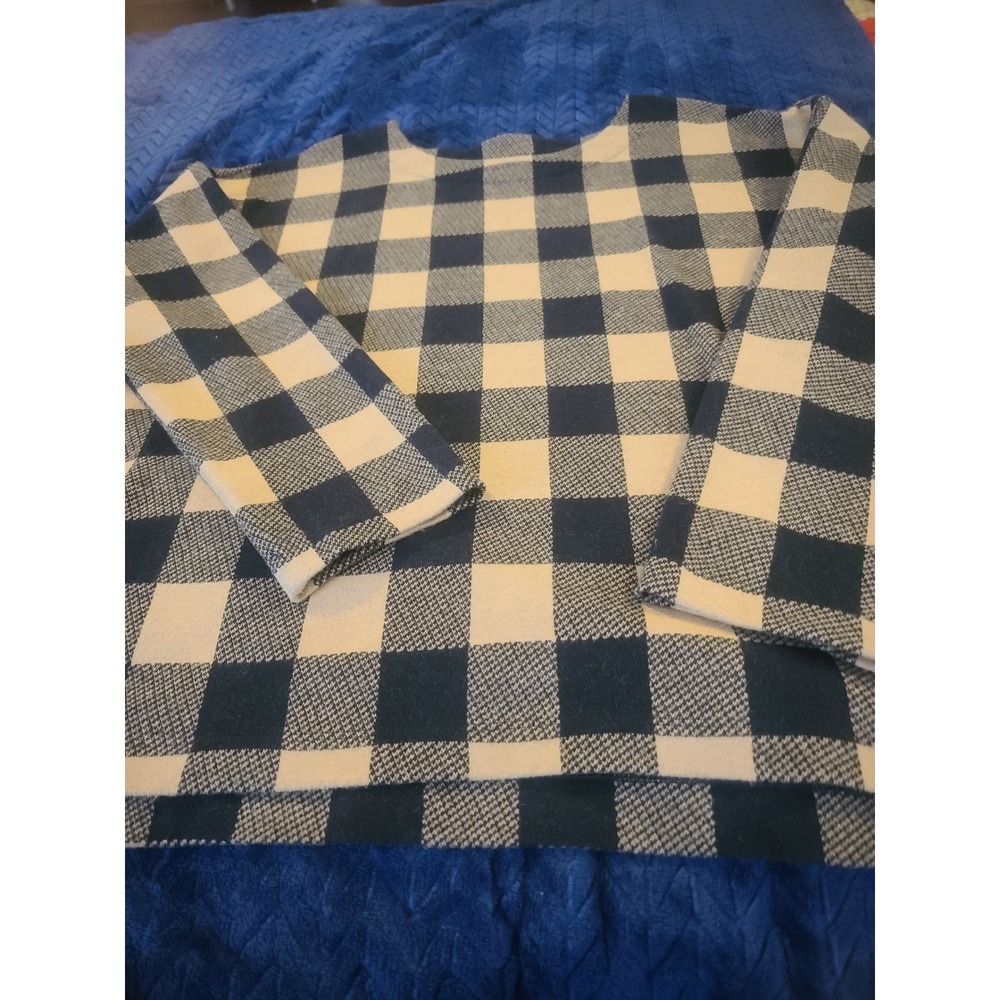 J. Jill Buffalo Check Plaid Knit Top black Cream soft Cotton Blend Large L cozy